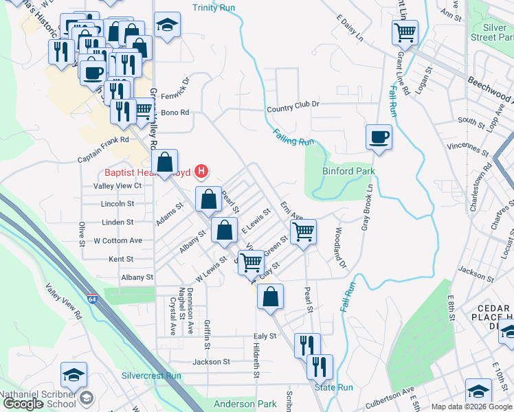 map of restaurants, bars, coffee shops, grocery stores, and more near 220 Conner Street in New Albany