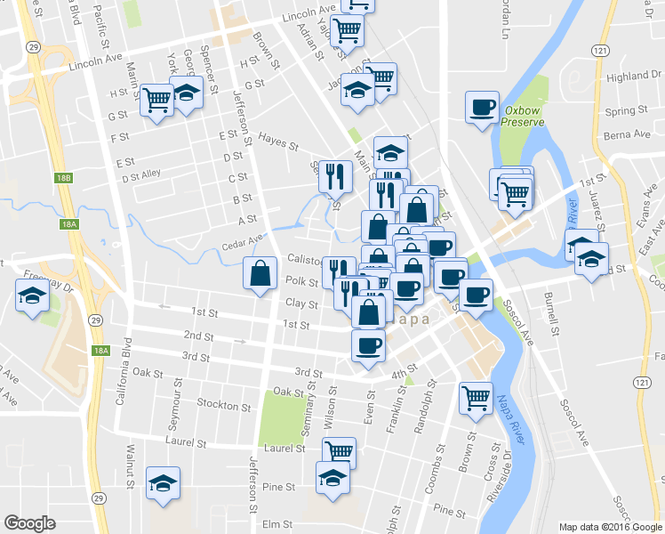 map of restaurants, bars, coffee shops, grocery stores, and more near 1377 Calistoga Avenue in Napa
