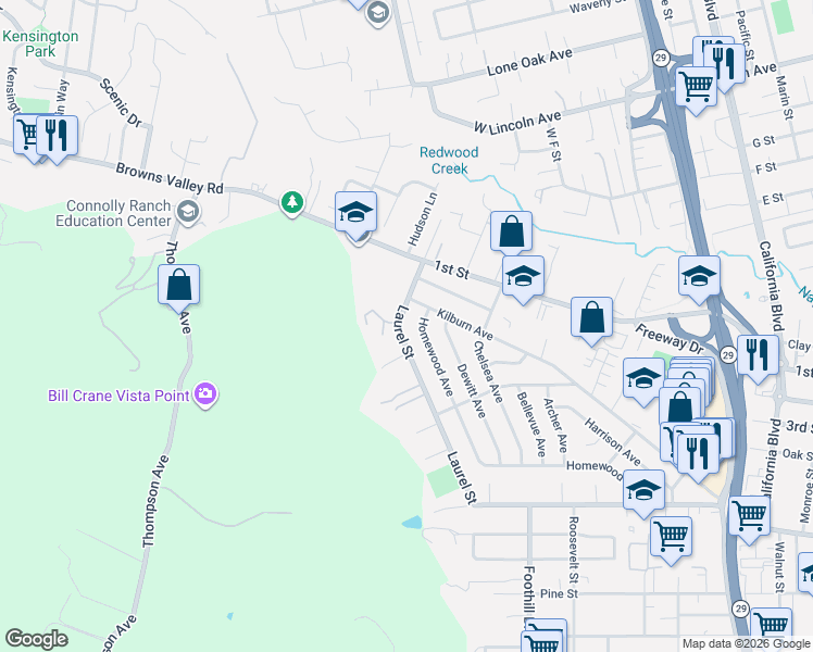 map of restaurants, bars, coffee shops, grocery stores, and more near 291 Homewood Avenue in Napa