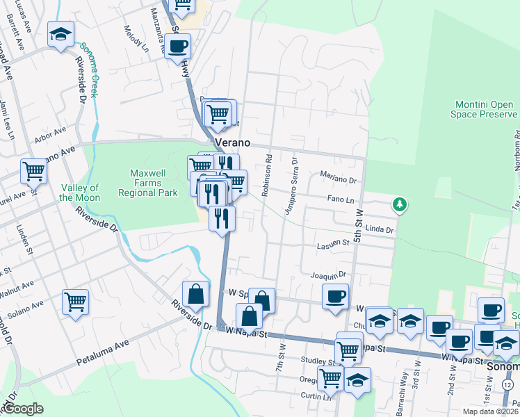 map of restaurants, bars, coffee shops, grocery stores, and more near 19171 Robinson Road in Sonoma