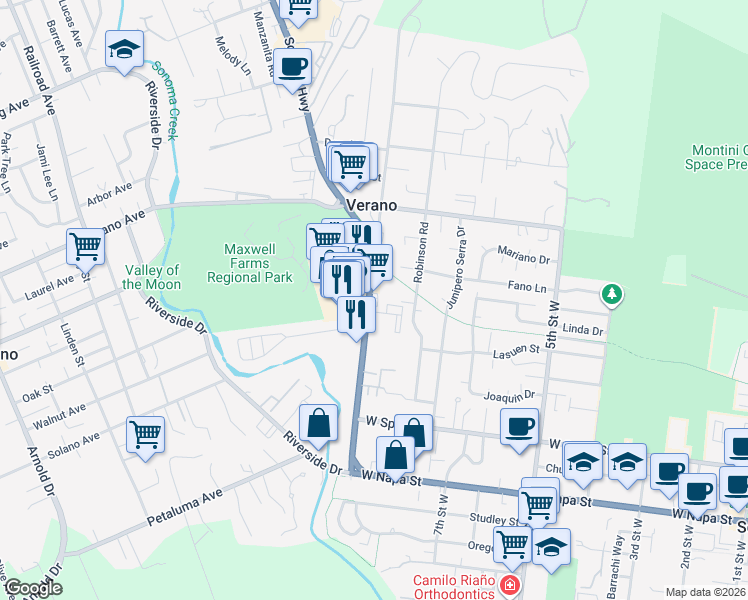 map of restaurants, bars, coffee shops, grocery stores, and more near 19230 Sonoma Highway in Sonoma