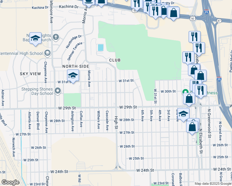 map of restaurants, bars, coffee shops, grocery stores, and more near 1498 West 30th Street in Pueblo