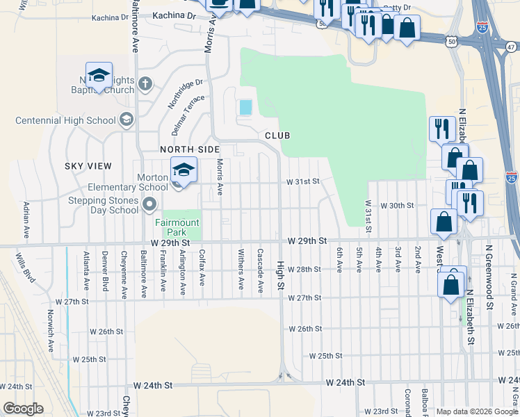 map of restaurants, bars, coffee shops, grocery stores, and more near 1600 West 30th Street in Pueblo