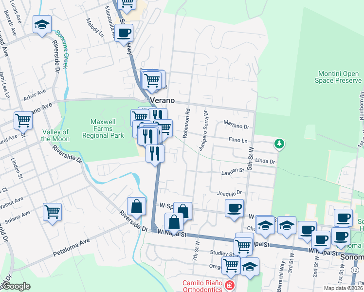 map of restaurants, bars, coffee shops, grocery stores, and more near 19171 Robinson Road in Sonoma