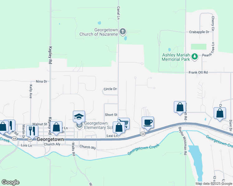map of restaurants, bars, coffee shops, grocery stores, and more near 1831 Canal Lane in Georgetown
