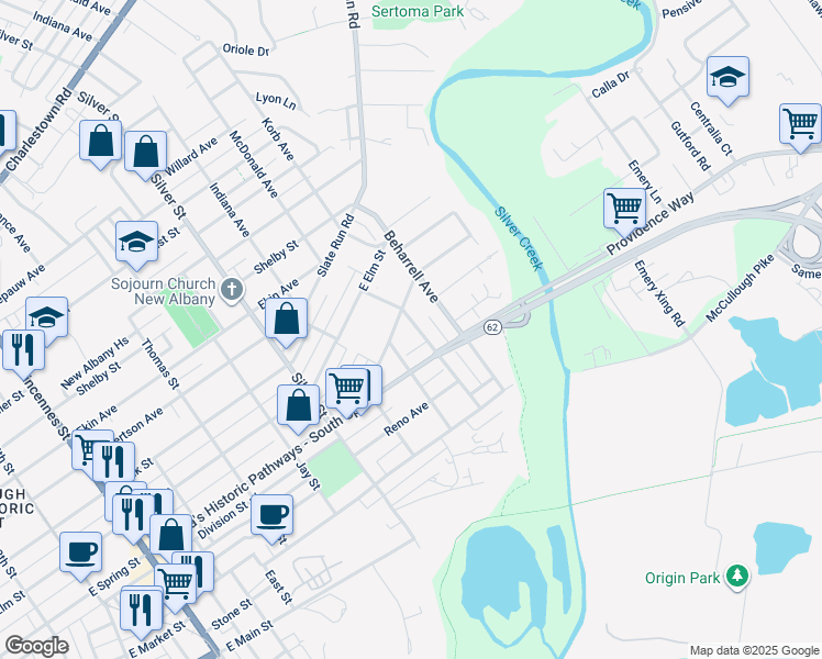 map of restaurants, bars, coffee shops, grocery stores, and more near 427 Woodrow Avenue in New Albany