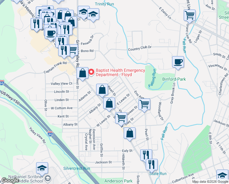 map of restaurants, bars, coffee shops, grocery stores, and more near 202 Olive Avenue in New Albany