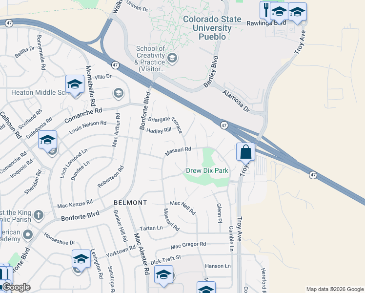 map of restaurants, bars, coffee shops, grocery stores, and more near 31 Briargate Terrace in Pueblo