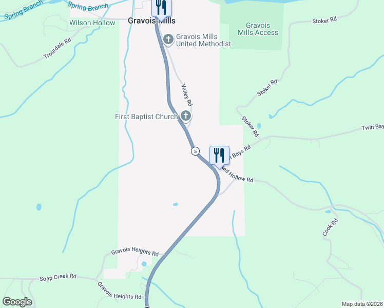 map of restaurants, bars, coffee shops, grocery stores, and more near 26504-26578 Highway 5 in Gravois Mills