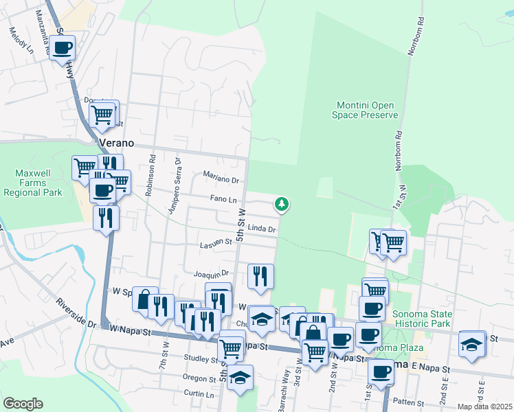 map of restaurants, bars, coffee shops, grocery stores, and more near 475 Montini Way in Sonoma