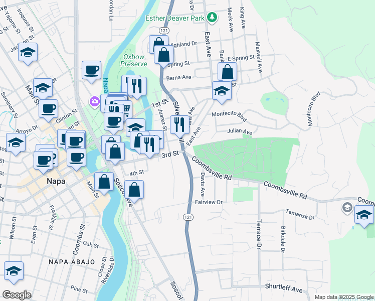 map of restaurants, bars, coffee shops, grocery stores, and more near 9 Coombsville Road in Napa