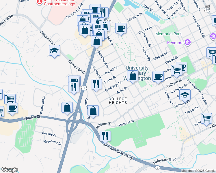 map of restaurants, bars, coffee shops, grocery stores, and more near 981 Gunnery Road in Fredericksburg