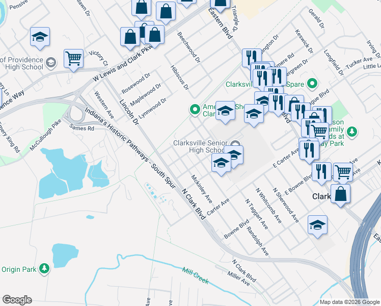 map of restaurants, bars, coffee shops, grocery stores, and more near 917 Randolph Avenue in Clarksville