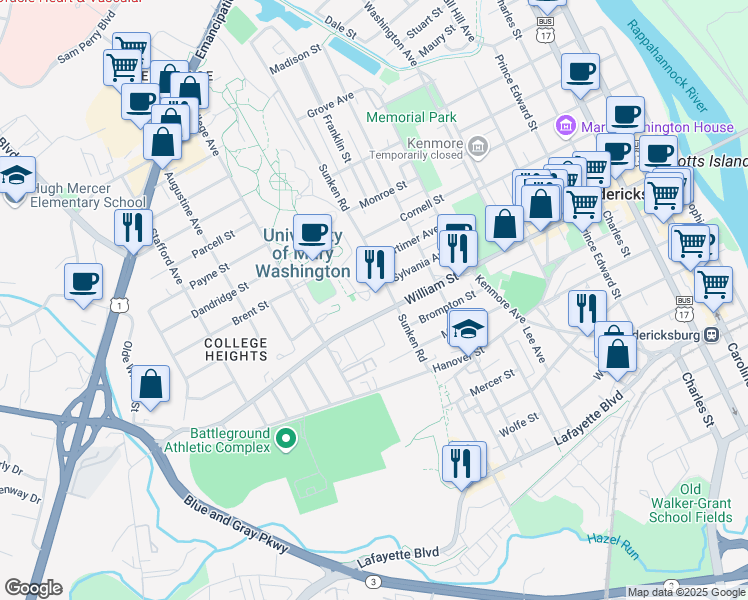 map of restaurants, bars, coffee shops, grocery stores, and more near 1301 College Avenue in Fredericksburg
