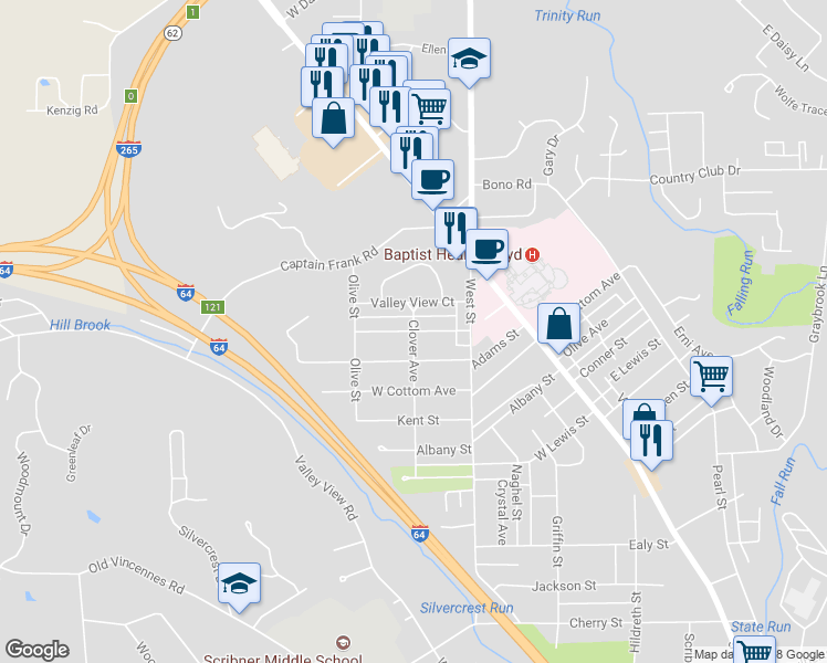 map of restaurants, bars, coffee shops, grocery stores, and more near 1901 Clover Avenue in New Albany