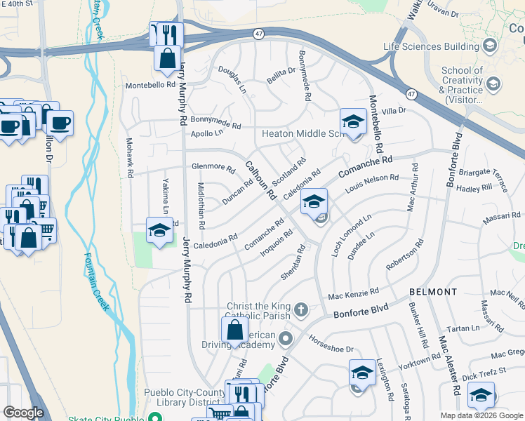 map of restaurants, bars, coffee shops, grocery stores, and more near 37 Caledonia Rd in Pueblo
