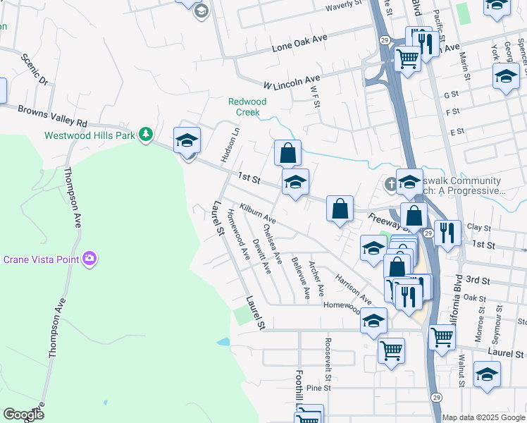 map of restaurants, bars, coffee shops, grocery stores, and more near 2925 Kilburn Avenue in Napa