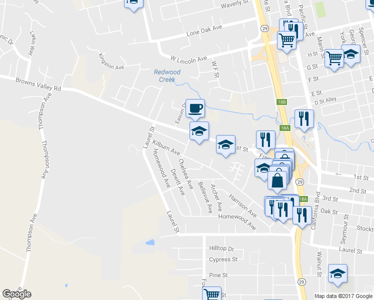 map of restaurants, bars, coffee shops, grocery stores, and more near 220 Chelsea Avenue in Napa