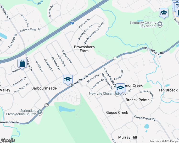 map of restaurants, bars, coffee shops, grocery stores, and more near 8411 Brownsboro Road in Louisville