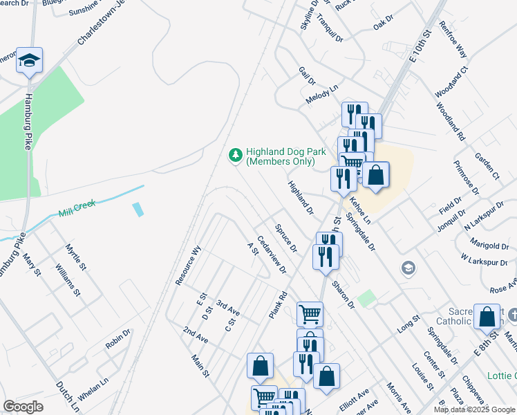 map of restaurants, bars, coffee shops, grocery stores, and more near 1207 Spruce Drive in Jeffersonville