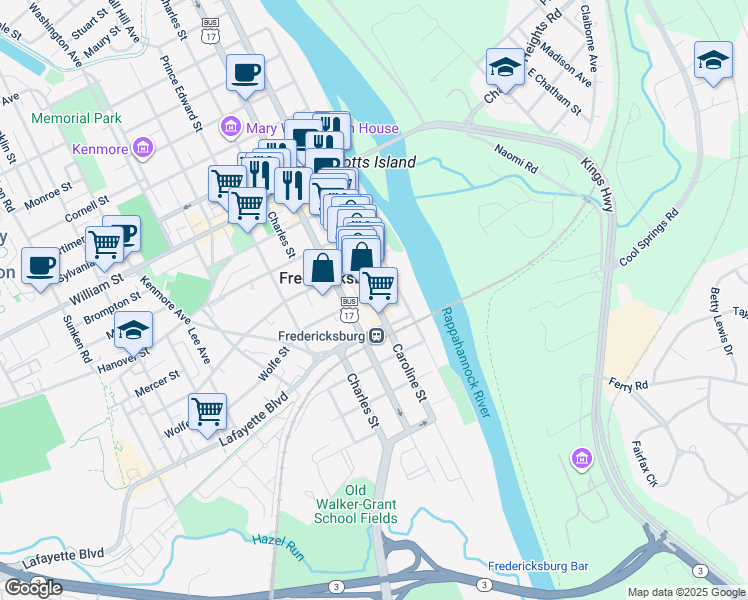 map of restaurants, bars, coffee shops, grocery stores, and more near 529 Caroline Street in Fredericksburg