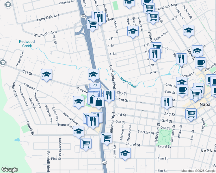 map of restaurants, bars, coffee shops, grocery stores, and more near 1075 California Boulevard in Napa