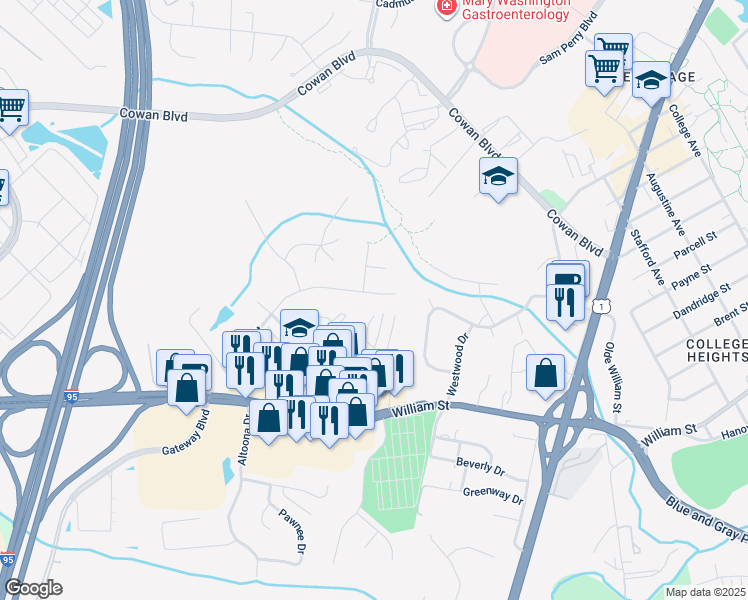 map of restaurants, bars, coffee shops, grocery stores, and more near 1202 Century Oak Drive in Fredericksburg