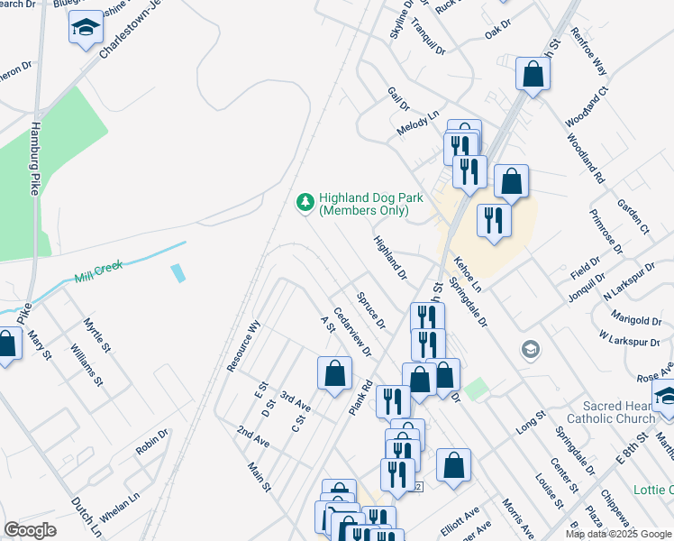 map of restaurants, bars, coffee shops, grocery stores, and more near 1207 Spruce Drive in Jeffersonville