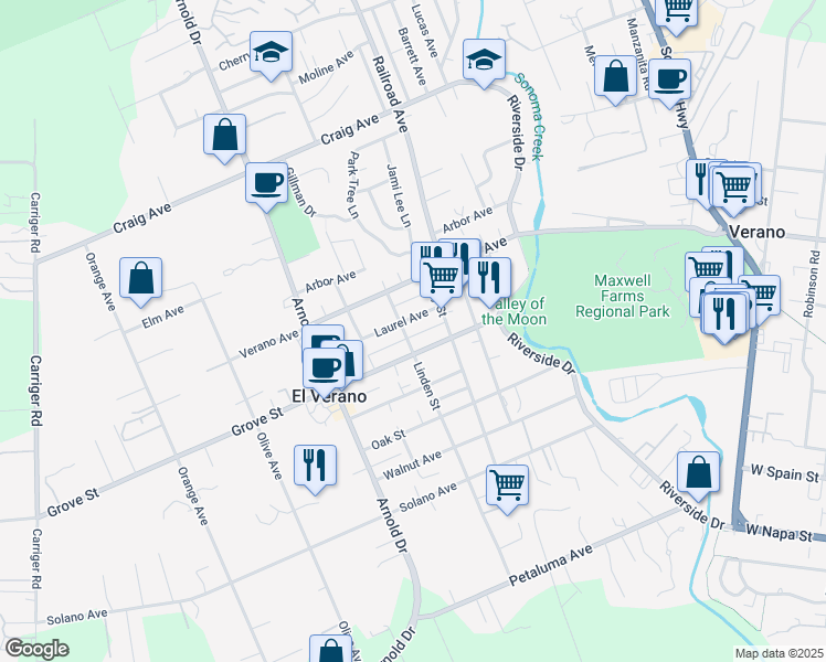 map of restaurants, bars, coffee shops, grocery stores, and more near 19067 Linden Street in Sonoma