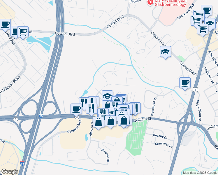 map of restaurants, bars, coffee shops, grocery stores, and more near 1100 Century Oak Drive in Fredericksburg