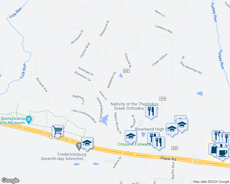 map of restaurants, bars, coffee shops, grocery stores, and more near 12507 Corter Avenue in Fredericksburg