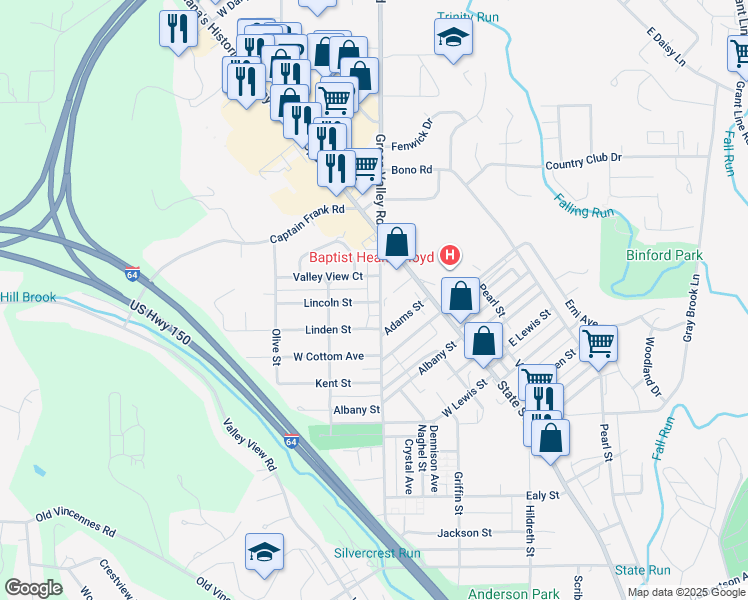 map of restaurants, bars, coffee shops, grocery stores, and more near 1915 West Street in New Albany