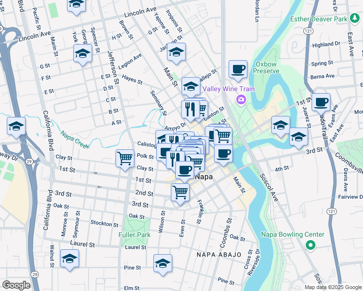 map of restaurants, bars, coffee shops, grocery stores, and more near 1240 Pearl Street in Napa