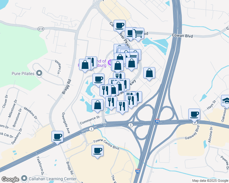 map of restaurants, bars, coffee shops, grocery stores, and more near 1210 Carl D Silver Pkwy in Fredericksburg