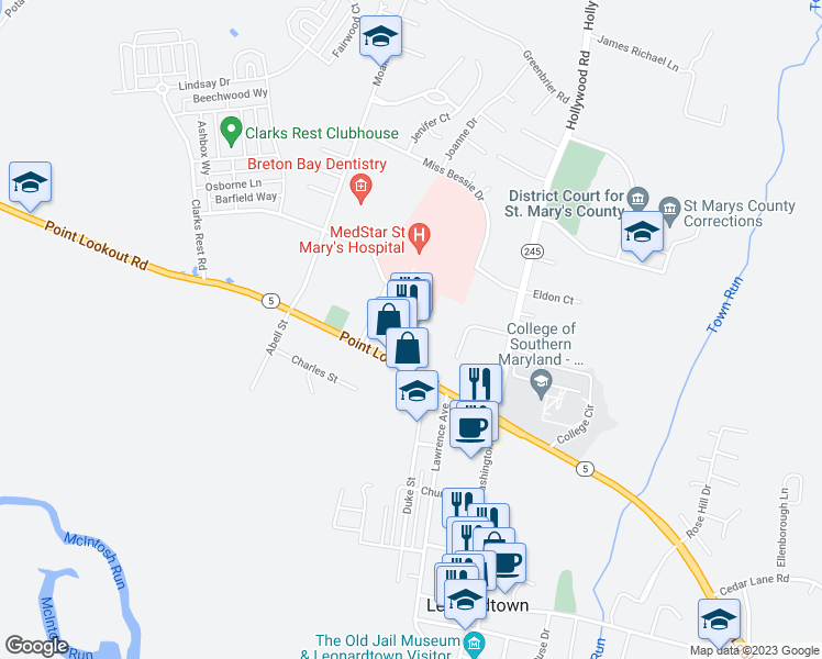 map of restaurants, bars, coffee shops, grocery stores, and more near Point Lookout Road in Leonardtown