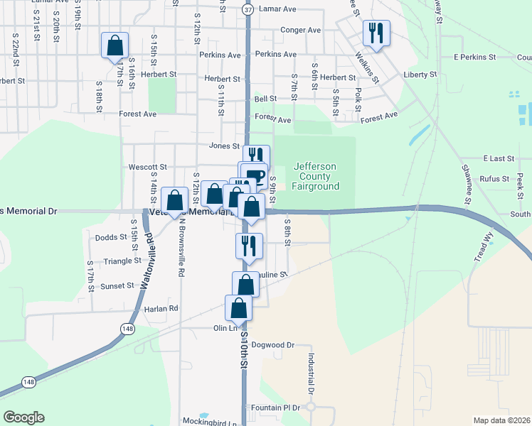 map of restaurants, bars, coffee shops, grocery stores, and more near 1800 South 9th Street in Mount Vernon