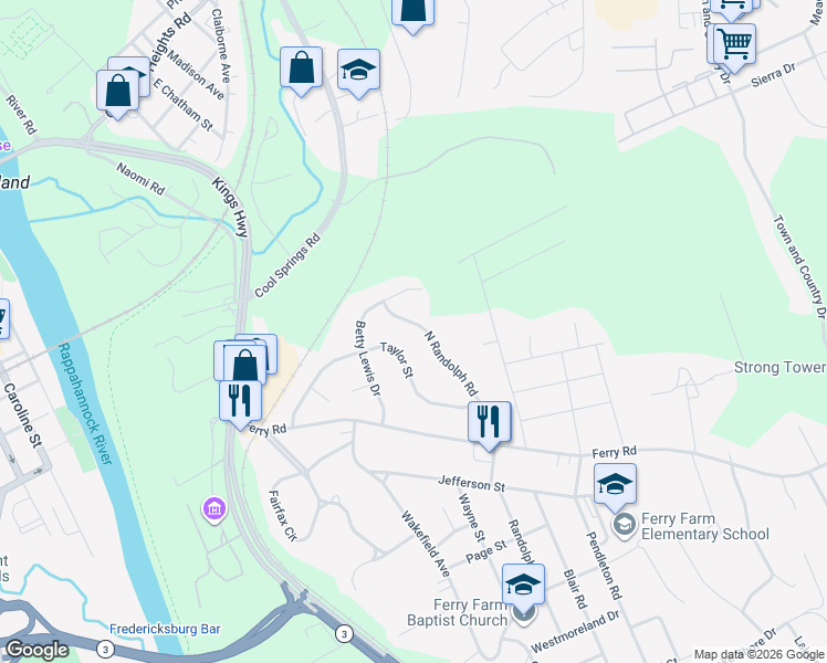 map of restaurants, bars, coffee shops, grocery stores, and more near 234 North Randolph Road in Fredericksburg