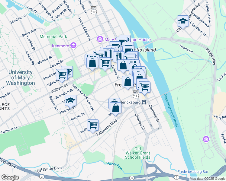 map of restaurants, bars, coffee shops, grocery stores, and more near 702 Prince Edward Street in Fredericksburg
