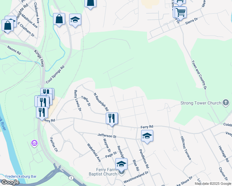 map of restaurants, bars, coffee shops, grocery stores, and more near 21 Lord Fairfax Drive in Fredericksburg