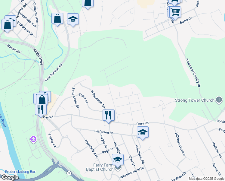 map of restaurants, bars, coffee shops, grocery stores, and more near 21 Lord Fairfax Drive in Fredericksburg
