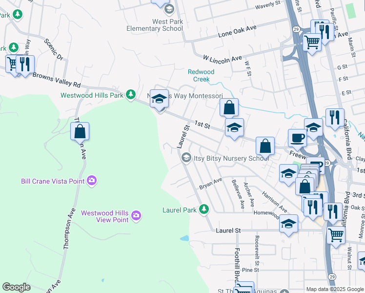map of restaurants, bars, coffee shops, grocery stores, and more near 3192 Laurel Street in Napa