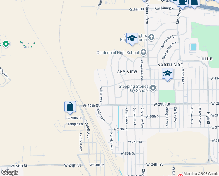 map of restaurants, bars, coffee shops, grocery stores, and more near 3041 Norwich Avenue in Pueblo