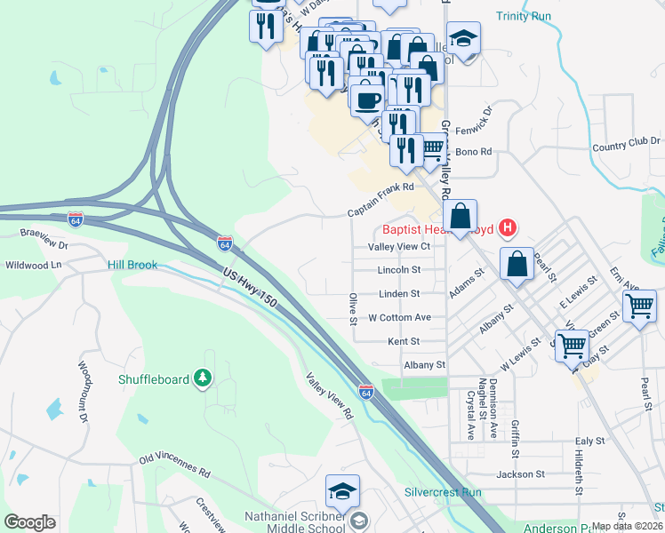 map of restaurants, bars, coffee shops, grocery stores, and more near 1805 Olive Street in New Albany