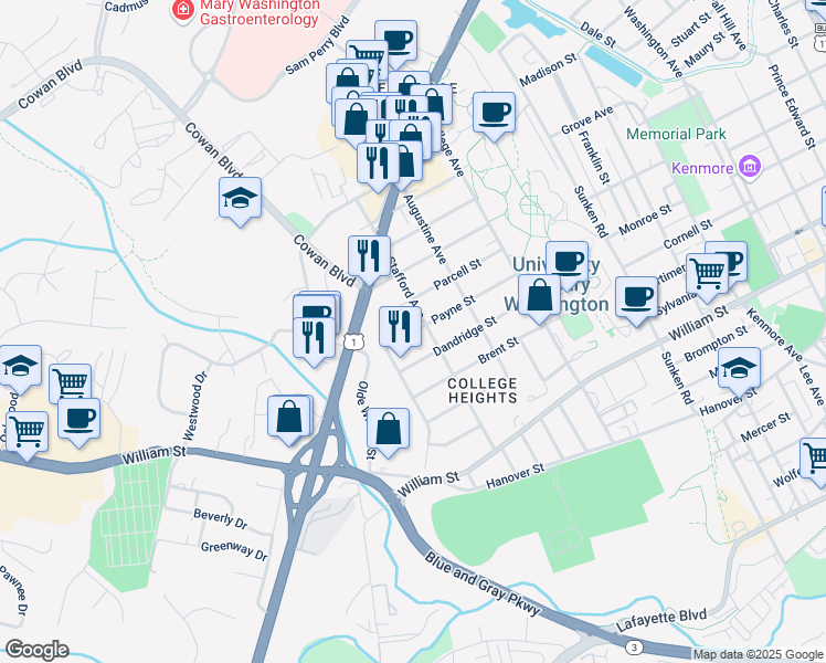 map of restaurants, bars, coffee shops, grocery stores, and more near 1411 Payne Street in Fredericksburg