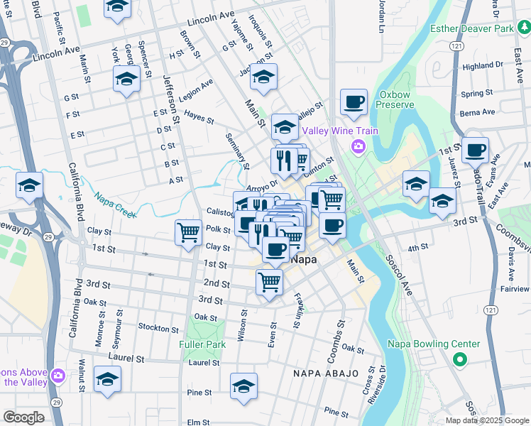 map of restaurants, bars, coffee shops, grocery stores, and more near 1240 Randolph Street in Napa