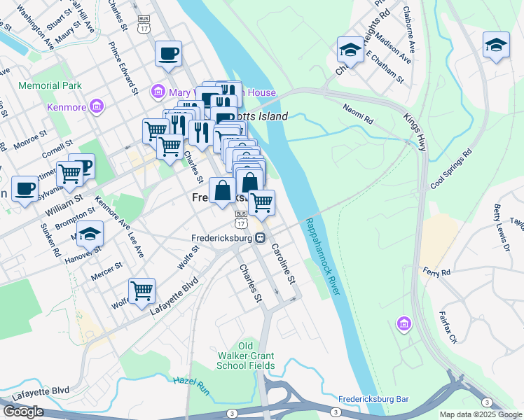 map of restaurants, bars, coffee shops, grocery stores, and more near 529 Caroline Street in Fredericksburg