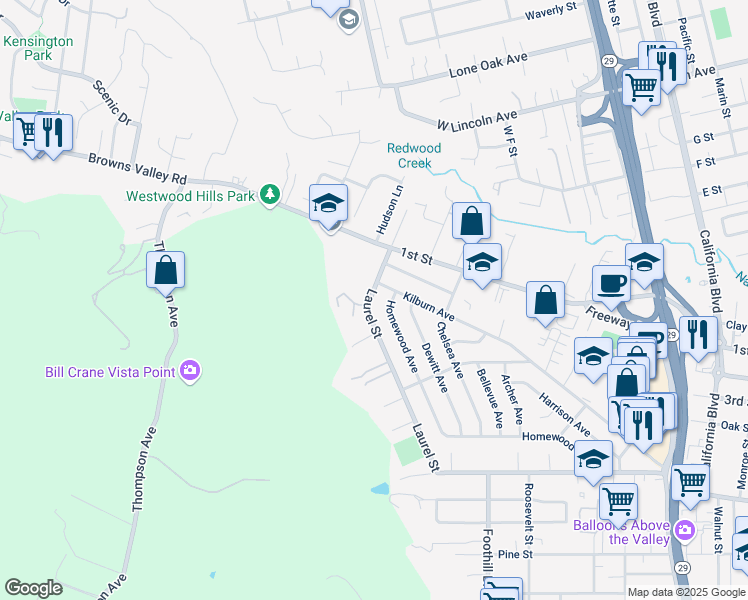 map of restaurants, bars, coffee shops, grocery stores, and more near 3192 Laurel Street in Napa