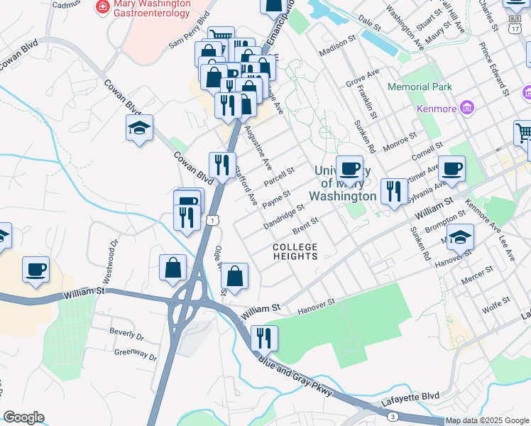 map of restaurants, bars, coffee shops, grocery stores, and more near 1415 Stafford Avenue in Fredericksburg