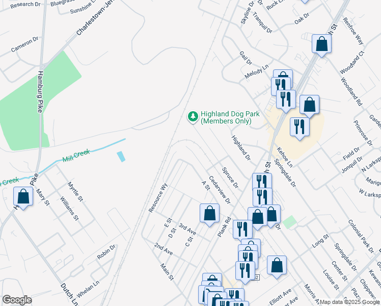 map of restaurants, bars, coffee shops, grocery stores, and more near 1221 Cedarview Drive in Jeffersonville