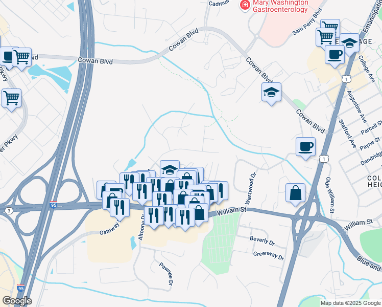 map of restaurants, bars, coffee shops, grocery stores, and more near 1110 Century Oak Drive in Fredericksburg